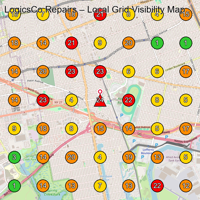LogicsCo Repairs Computer Support And Services GeoGrid ranking map for Ozone Park NY